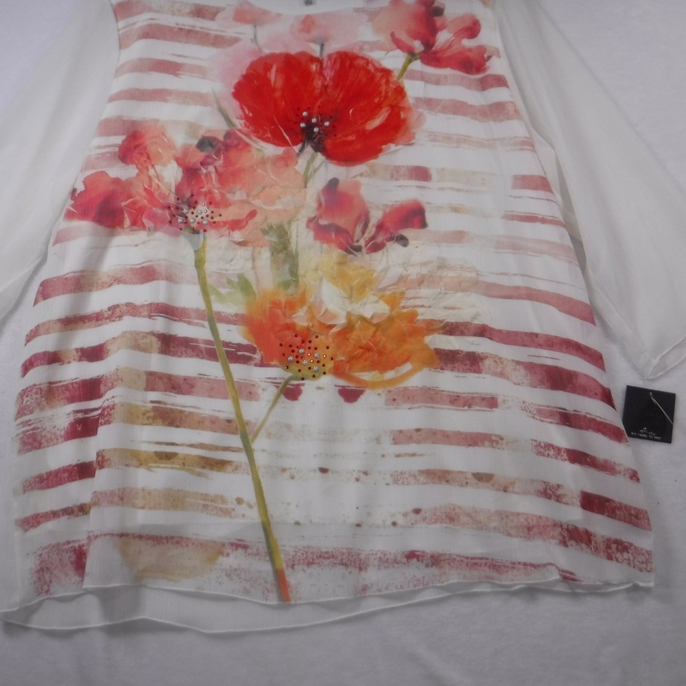 A~rtw Women XL White‎ Red Floral Poppy Stripe Rhinestone 3/4 Sleeve Blouse Top - Picture 8 of 12